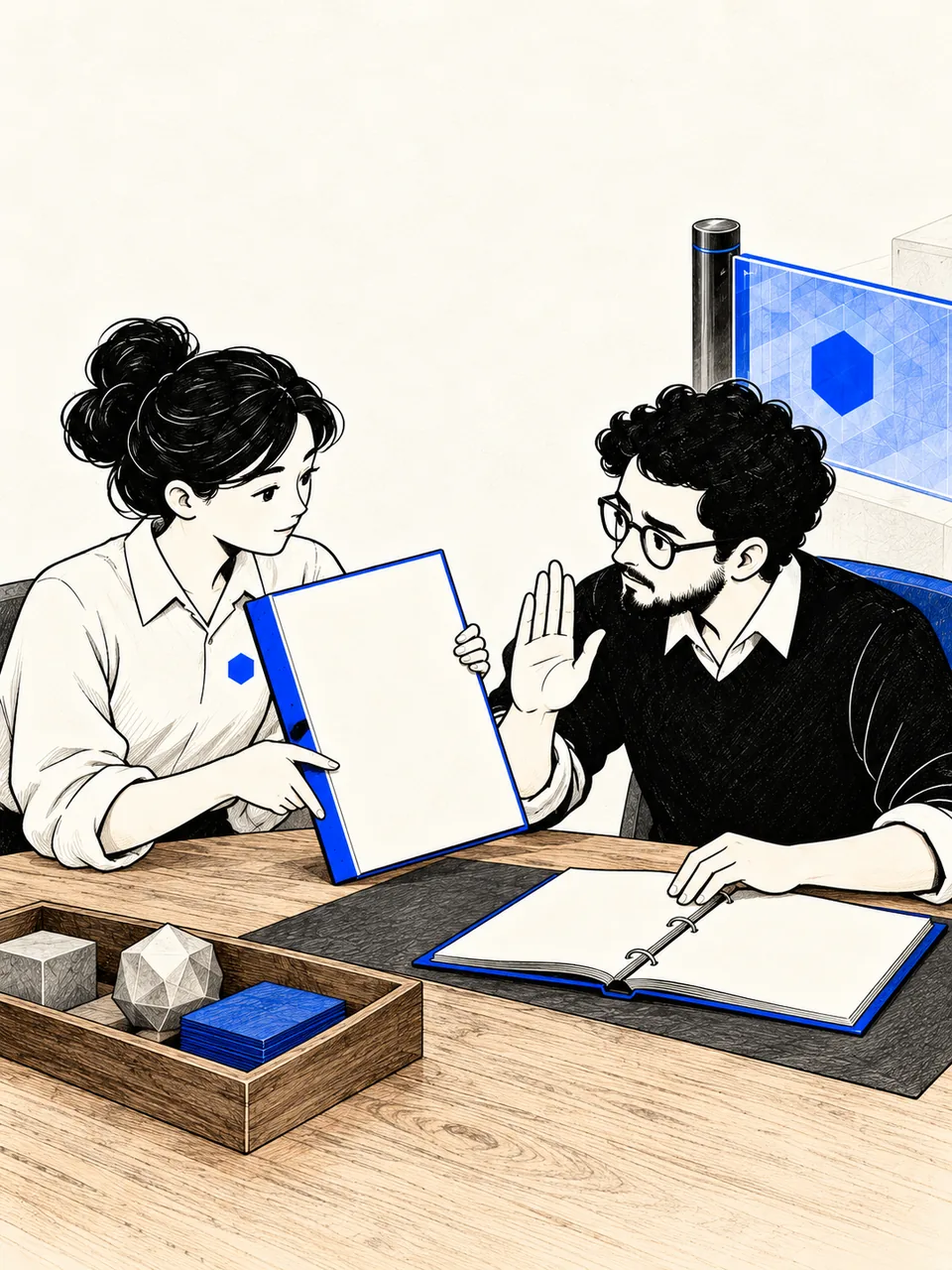 A human reviewer holds a proposal beside an outline software operator, an evidence tray and a closed gate.
