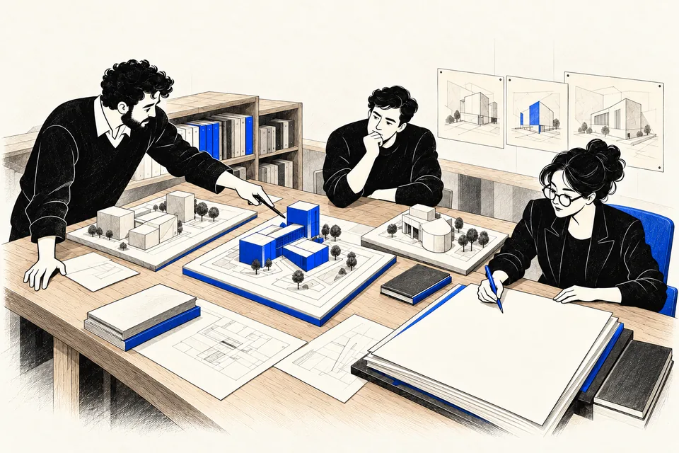 Architects compare three alternative system models and a blank recommendation record at a cobalt-accented table.