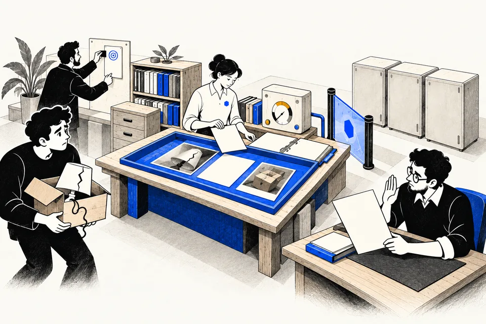 A requester brings a damaged lamp to a workshop. A software operator works at a cobalt context tray while an owner and a reviewer oversee the boundary.