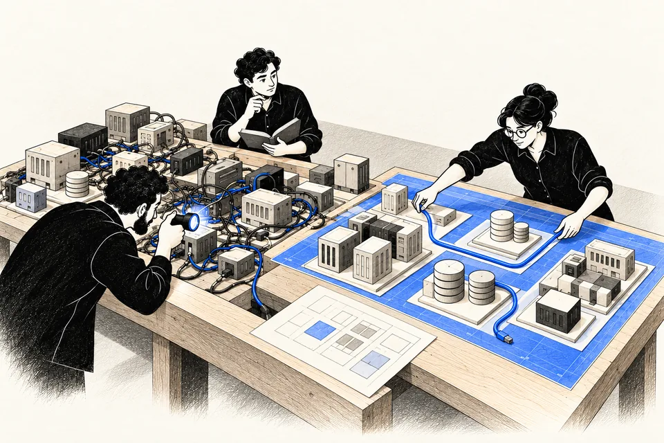 Architects inspect miniature infrastructure models, untangling cobalt routes across a shared planning table.
