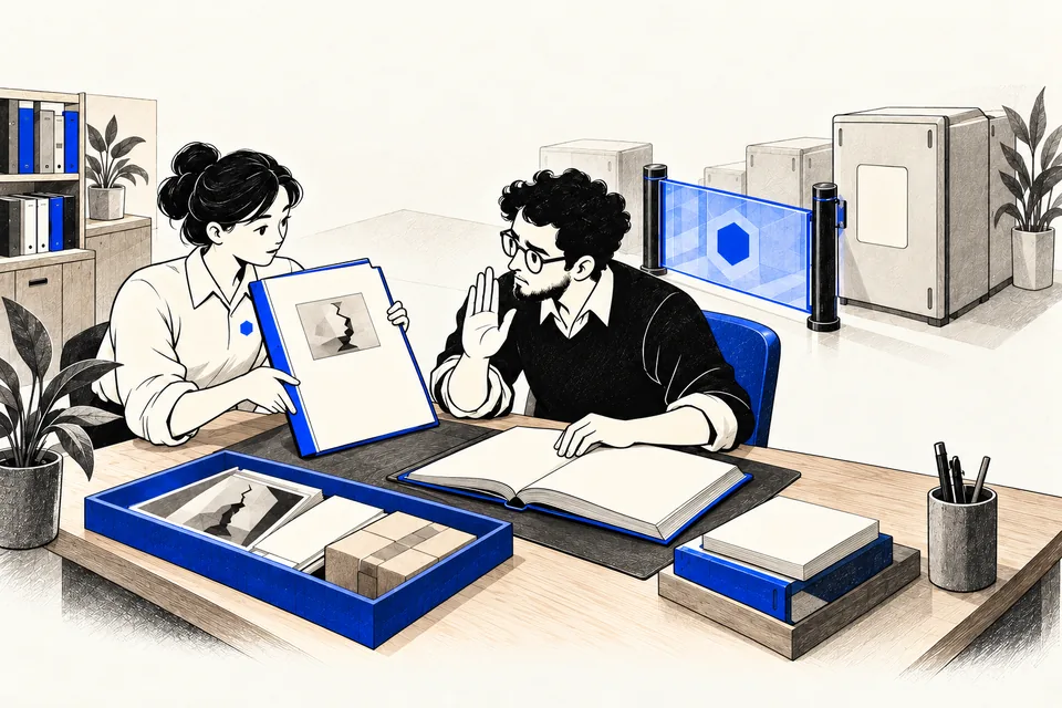 An outline software operator offers a proposal to a human reviewer beside an evidence tray and a closed gate.
