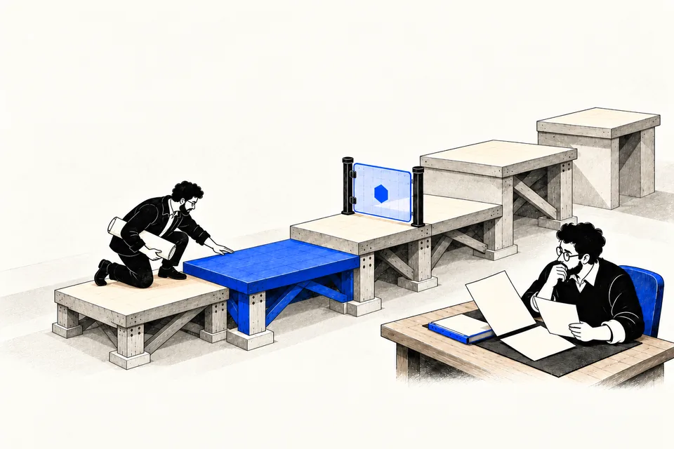 An architect inspects five ascending platforms while an owner reviews the controls beside a closed gate. A lower platform is selected.