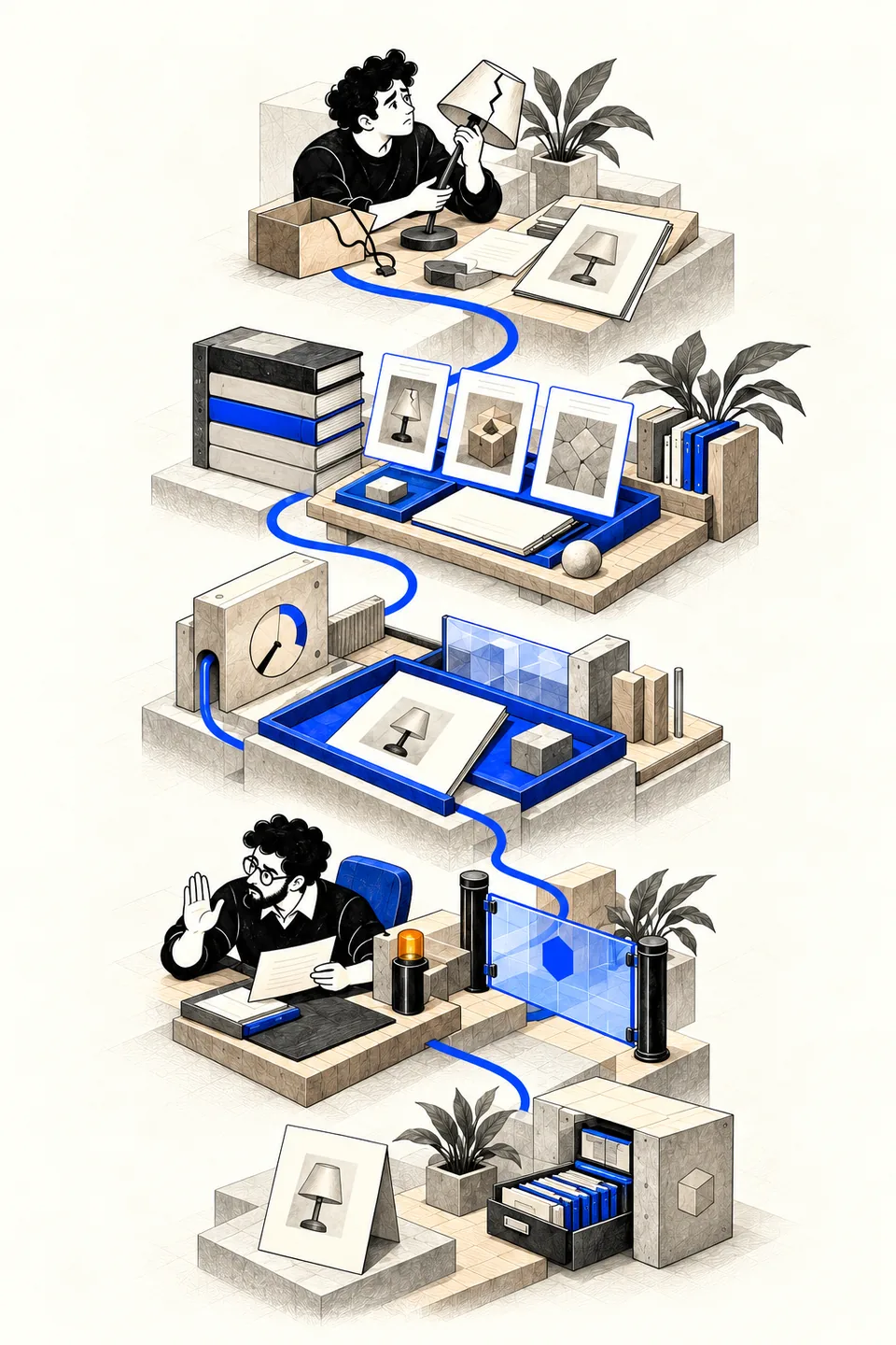 A cobalt reading thread connects five workshop vignettes: question, evidence, proposal, boundary and receipt.