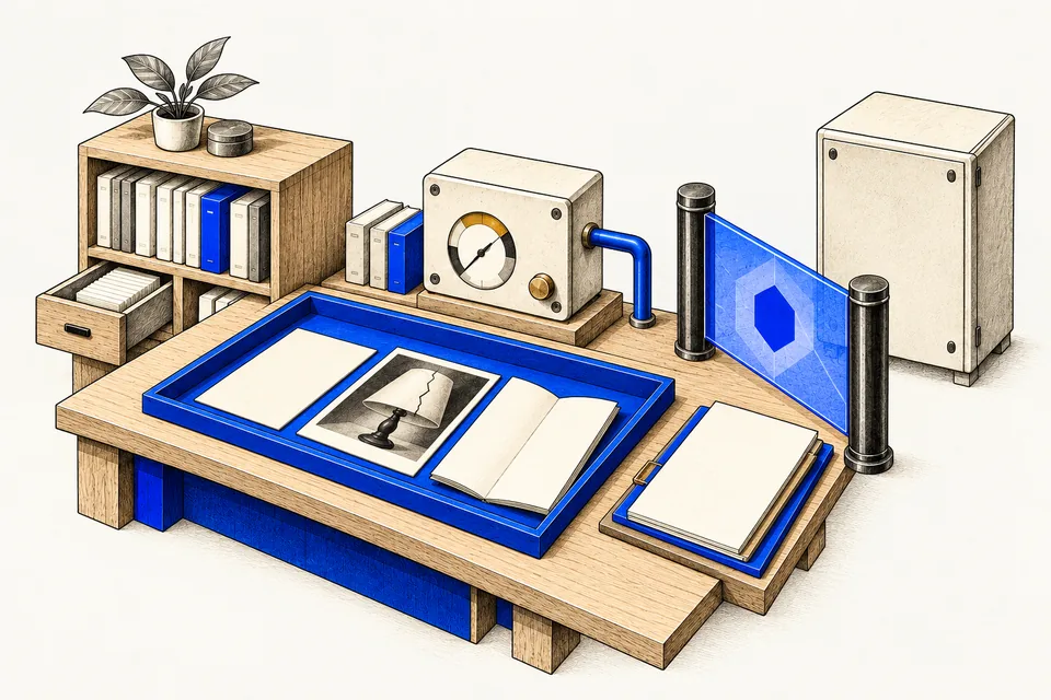 A human-free studio of context trays, evidence shelves, instruments, a closed gate and service cabinets.